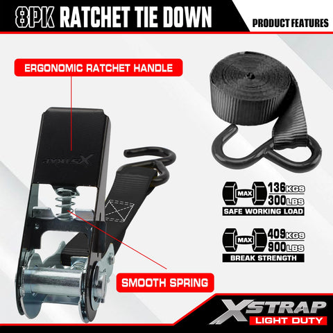 Eight Pack 1 Inch Wide By 10 Foot Ratchet Tie Down Straps Heavy Duty With 900 Pound Break Strength And 300 Pound Working Load Limit Each