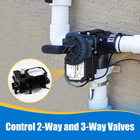 TPE24VA 24V pool valve actuator on PVC pipe; controls 2-way and 3-way valves (Amazon)