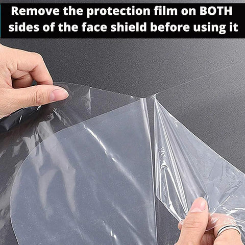 Person peeling protective film from Clear Full Face Shield Mask Pack Of 2 Anti Fog Protective Shield For Eyes Nose And Face With Transparent Visor Great Optics For Indoor Outdoor Work Everyday Use.