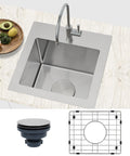 Top view of Drop In Bar Sink 15 By 15 Inch 16 Gauge Stainless Steel For Outdoor Wet Bar And RV Sinks with accessories.