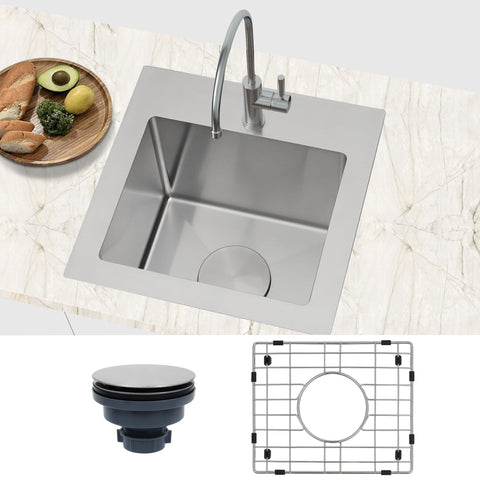 Top view of Drop In Bar Sink 15 By 15 Inch 16 Gauge Stainless Steel For Outdoor Wet Bar And RV Sinks with accessories.