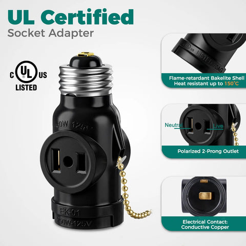 E26 To Dual Prong Outlet Adapter With Pull Chain On Off Switch For Light And Power Standard E26 Base To Two Outlet Splitter