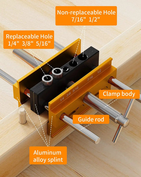 Self Centering Doweling Jig For Pro Grade Woodworking, Wide Capacity Drill Jig With Five Hole Sizes And Dual Bushings in use on wood.