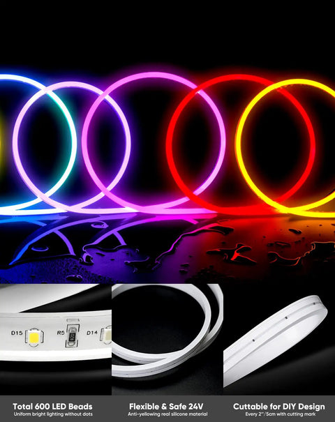RGB 12V Smart Neon LED Strip Lights With Music Sync, 16.4FT flexible silicone rope, vibrant multicolor loop display.