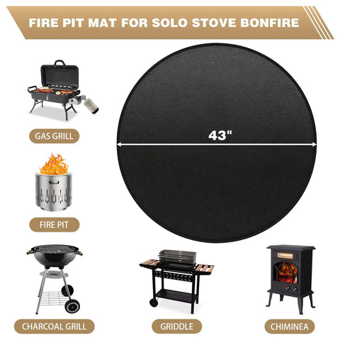43 Inch Fire Pit Mat For Bonfire And Solo Stove, Round Fireproof Waterproof Under Grill Mat shown with various grill types