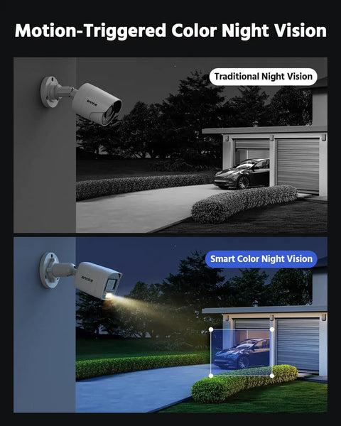 Comparison of traditional and smart color night vision with 8 Channel 3K Lite Wired Security Camera System With H265 DVR AI Human And Vehicle Detection Four 1080p Bullet Cams Dope Color Night Vision For Outdoor Surveillance IP67 Weatherproof No Hard Drive Included.
