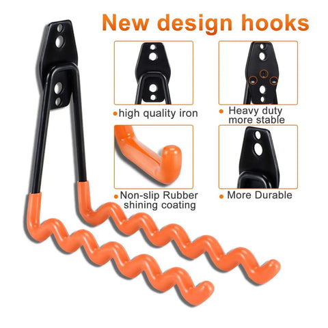 Heavy Duty Garage Hooks 24 Piece Set With 6 Sizes Wall Mount Iron Anti Slip Storage Hanger Organizer For Ladders Power Tools Bikes Ropes And More Includes Holder Strap For Maximum Garage Organization For Gear Heads. Image shows close-up of two orange and black iron hooks with non-slip rubber coating.