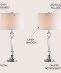 Clear Crystal Table Lamp Set Of 2, 29 And A Half Inch Tall Modern Glam Candlestick Lamps With Chrome Bases And White Linen Drum Shades, LED Bulbs Included
