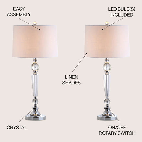 Clear Crystal Table Lamp Set Of 2, 29 And A Half Inch Tall Modern Glam Candlestick Lamps With Chrome Bases And White Linen Drum Shades, LED Bulbs Included