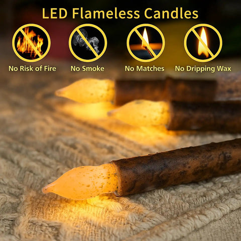 LED flameless candles with warm glow, 6.5 inch real wax design, arranged on table, highlighting safety features. Real Wax Taper Flameless Candles Six Pack Battery Operated With Flickering Warm Glow For Dining Table Window Sill And Homey Country Room Decor 6.5 Inch Dripless No Timer
