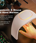 Cozy Heated Mouse Pad Hand Warmer With Quiet Operation, featuring ergonomic design and orange glow, in use on a desk.