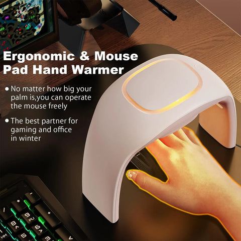 Cozy Heated Mouse Pad Hand Warmer With Quiet Operation, featuring ergonomic design and orange glow, in use on a desk.