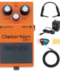 DS1 Distortion Pedal Bundle With Gearlux Power Supply, Instrument Cable, Patch Cable, Picks, And Polishing Cloth displayed.