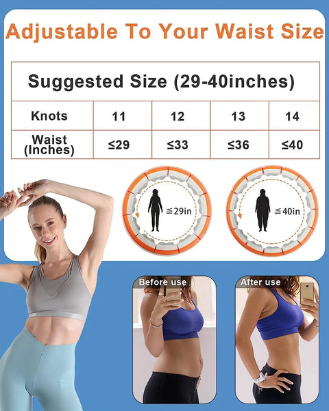 Infographic showing size chart and user results for Weighted Infinity Hula Hoop for Weight Loss, Waist Burn Tool With Silicone Massage Heads
