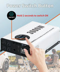 Hand pressing power button on Beefy 3000W Pure Sine Wave Inverter 12V DC To 120V AC Car Converter with LCD display in outdoor setting