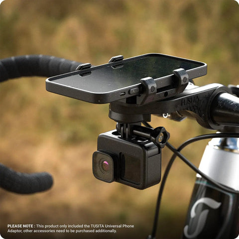 Bike Phone Holder For 4.0 To 6.9 Inch Phones And Garmin GPS Mount attached to bike handlebar, with action camera underneath.