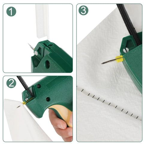 Collage showing Mini Stitch Gun For Clothes Quick Hemming And Repair Tool With Two Needles 4.4mm Fastener in use on fabric