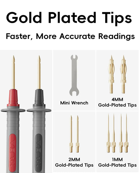 Gold-plated tips and mini wrench for Silicone Multimeter Test Lead Kit with 40 inch leads and modular probes.