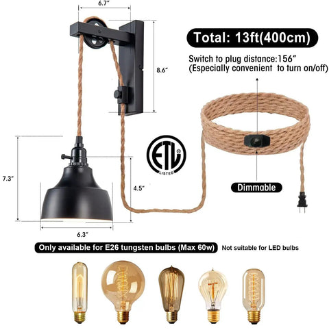 Image of Two Pack Dimmable Pulley Wall Sconces In Vintage Black Finish Plug In Lighting With Cord And On Off Switch