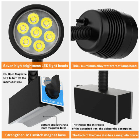 Led Magnetic Work Light With Flexible Gooseneck And 12T Magnetic Base, IP65 Waterproof 1400 Lumens For Lathe Milling Drill Press, Industrial Shop Lighting, Pro Grade Tough As Nails Hands Free