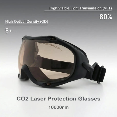 Professional Grade CO2 Laser Safety Goggles Pack Hella Solid Eye Defense And Crystal Clear Vision For Precision Engraver And Cutter Projects With Super Comfy Wrap Strap Fit, shown from the side.