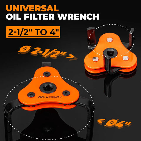 Universal 3 Jaw Oil Filter Wrench Set With Gear Driven Heat Treated Steel Jaws For High Torque Removal Of Stubborn Filters, 2.5-4 in