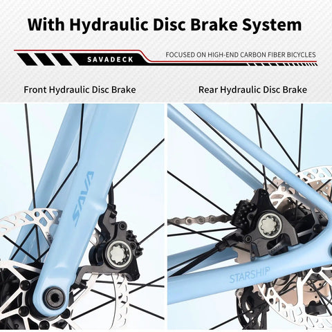 Close-up of front and rear hydraulic disc brakes on Ultra Lightweight Carbon Fiber Road Bike With Full Carbon Frame Fork Handlebar And Seatpost Hydraulic Disc Brakes Shimano 105 R7100 24 Speed Drivetrain Adult Racing Bicycle For Street Rides White 56cm