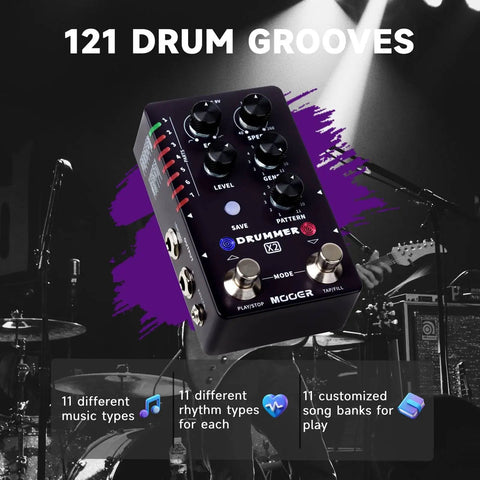 Image of a Drum Machine Pedal For Guitar And Bass With 121 Drum Grooves 11 Music Styles 7 Rhythm Slots Fill Function next to a drum set.