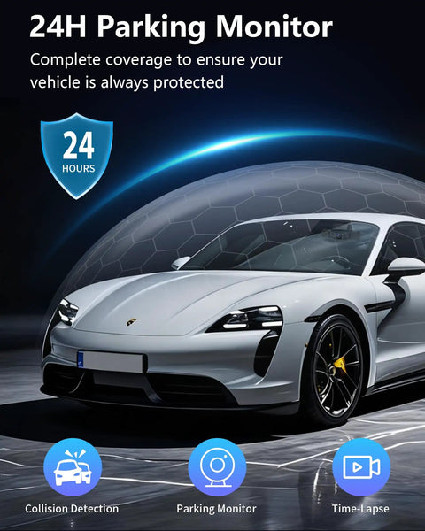 White car under 24H parking monitoring with 4 Channel Dash Cam With 360 Degree View For All Around Protection And No Blind Spots