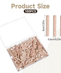 Box of 100 Count 1/4 Inch Wood Dowel Pins with size measurements shown, 1/4 x 1-1/2 inch fluted hardwood dowels for woodworking projects