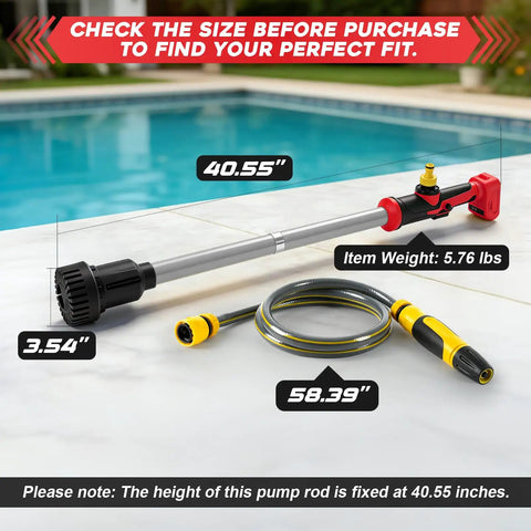 Cordless Water Transfer Pump, Brushless 1400 GPH Stick Pump, Milwaukee M18 Battery Compatible, dimensions displayed by pool