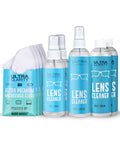Ultra Clarity lens cleaner kit with microfiber cloths; two 2oz sprays, one 6oz spray, two 6oz refills, five cloths.