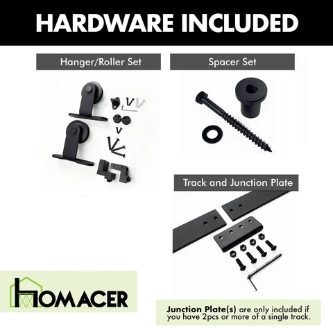 Black Rustic Sliding Barn Door Hardware Kit For Two Doors With 7ft Flat Track And T Shape Rollers Heavy Duty For Interior And Exterior Use Non Bypass Design components including rollers, spacer set, track, and junction plate.