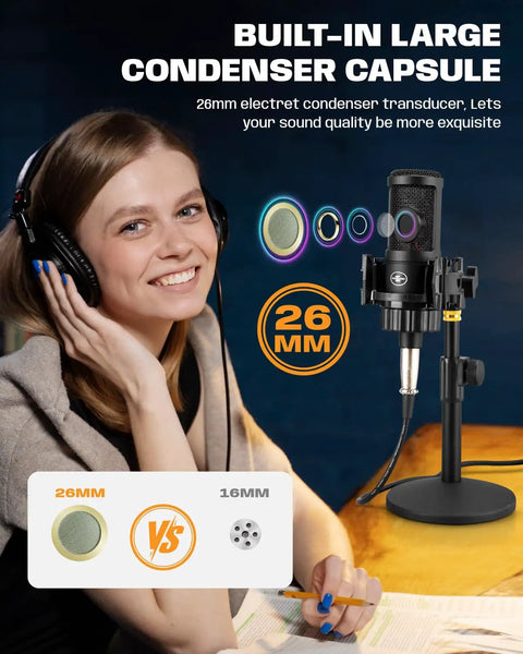 Woman with headphones next to Gold 26mm Large Diaphragm Condenser Microphone Kit With Cardioid Capsule on metal desk stand.