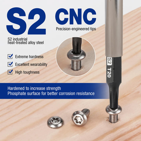 Security Torx Bit Set 16 Piece In S2 Steel with Magnetic Tips showing bit in screw on wooden surface