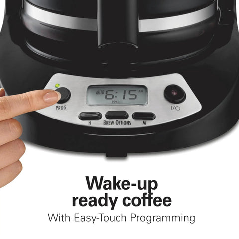 Close-up of control panel on 12 Cup Programmable Drip Coffee Maker With Auto Pause And Pour Glass Carafe Regular And Bold Brew Options