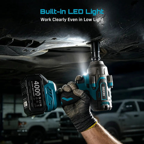 Heavy Duty Cordless Impact Wrench Delivering 738 Foot Pounds Of Knockout Brute Force Half Inch Driver with LED light.