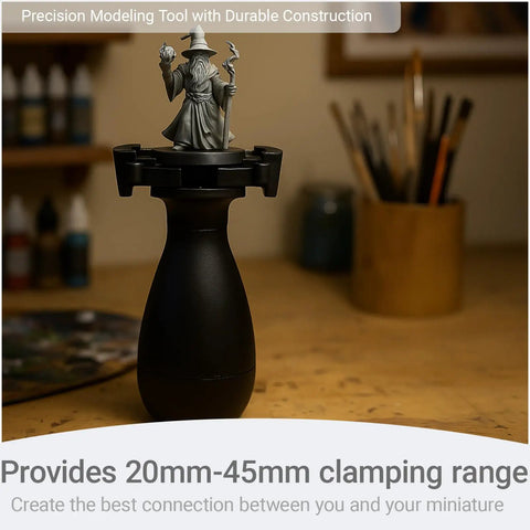 Painting Handle For Miniatures And Scale Models, Clamp Holder Gripping 25mm To 45mm Base With Miniature Figurine On Table