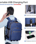 DEVPNR rolling backpack, dark blue 17-inch laptop wheeled backpack, front view.