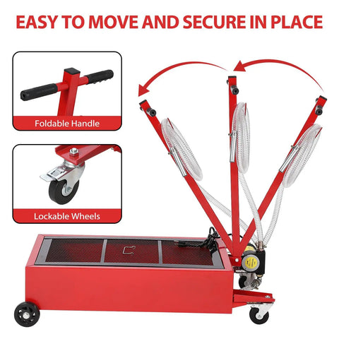 Heavy Duty 20 Gallon Oil Drain Pan With Electric Pump For Cars Trucks And Rvs, Low Profile Fluid Extractor, features foldable handle and lockable wheels.