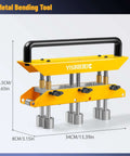 Three Station Edge Roller Bender for Sheet Metal, adjustable height, yellow metal frame, for 0 to 90 degree bends in 29 to 22 gauge steel