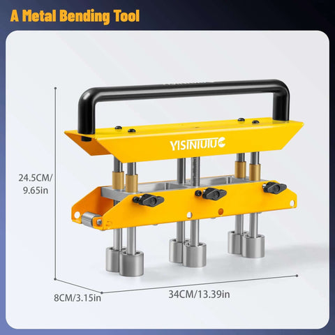 Three Station Edge Roller Bender for Sheet Metal, adjustable height, yellow metal frame, for 0 to 90 degree bends in 29 to 22 gauge steel