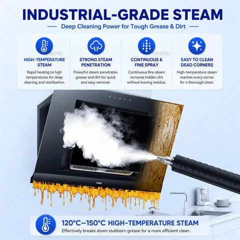 Powerful 1700W Portable Steam Cleaner With High Pressure Dry Vapor At 120 Degrees C removing grease with steam on kitchen range.