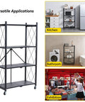 Rock Solid Four Tier Metal Shelving Rack With Smooth Roll Away Casters, Foldable Storage Organizer For Garage Or Kitchen, Heavy Duty Shelf With No Sweat Setup, Black displayed in kitchen, bathroom, and exhibition settings.