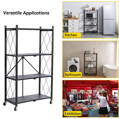 Rock Solid Four Tier Metal Shelving Rack With Smooth Roll Away Casters, Foldable Storage Organizer For Garage Or Kitchen, Heavy Duty Shelf With No Sweat Setup, Black displayed in kitchen, bathroom, and exhibition settings.