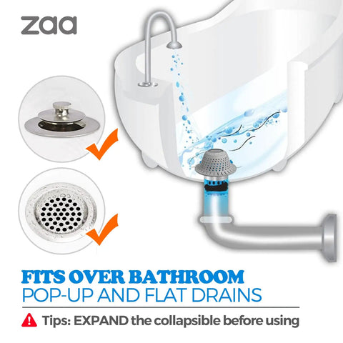 Illustration of Silicone Collapsible Bathtub Drain Hair Catcher And Protector For Popup And Regular Drains in tub setup