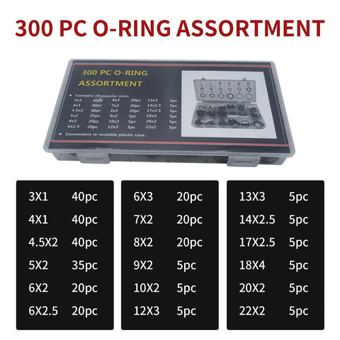 300 Pcs Car O Ring Kit With 18 Size Assortment, Dustproof Oil Proof Rubber Seals in clear box with size chart visible.