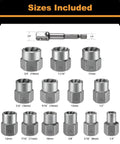 Heavy Duty Bolt Extractor Kit With Three Eighths Inch Adapter, Easy Out Set And Lug Nut Remover, showing 15 piece sizes 1/4-3/4 inch.