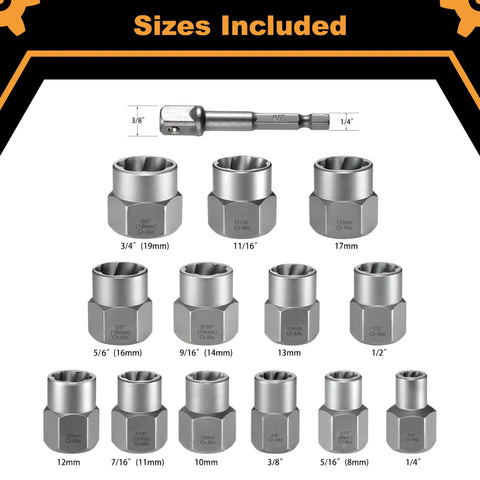 Heavy Duty Bolt Extractor Kit With Three Eighths Inch Adapter, Easy Out Set And Lug Nut Remover, showing 15 piece sizes 1/4-3/4 inch.