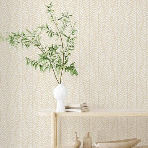 Room with Removable Peel And Stick Wallpaper With Beige Block Print Leaves On Off White, Self Adhesive Boho Wall Covering.